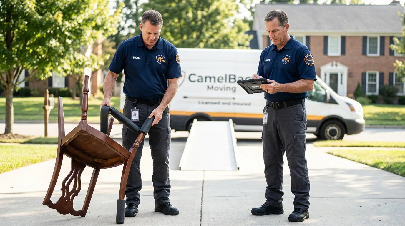 Movers inspecting furniture for damage prevention before loading in Bel Air, MD